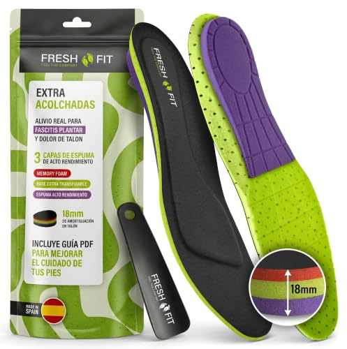 Plantillas Fascitis Plantar Hombre y Mujer con 3 Densidades Combinadas | Acolchadas y Flexibles (Sin Plástico Rígido) | Soporte Memory Foam | Hecho en España | Pack con Calzador y Guía (42-43)