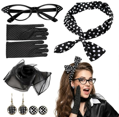 Xinjieda 6 Stück Rockabilly Accessoires Damen, 50er 60er Jahre Accessoires Damen, Kopftuch mit Tupfenelement, Ohrringe, Schal, Handschuhe, Katzenaugenbrille für Halloween, Karneval, Mottoparty