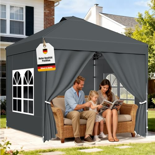 Pavillon 2.5x2.5m,Faltpavillon mit 4 Seitenteilen,Tragtasche,Gartenpavillon Wasserdicht,Stabiler,UV Schutz 50+,420D Oxford-Gewebe,Höhenverstellbar,Partyzelt Klappbar für Camping Party,Garten,Anthrazit