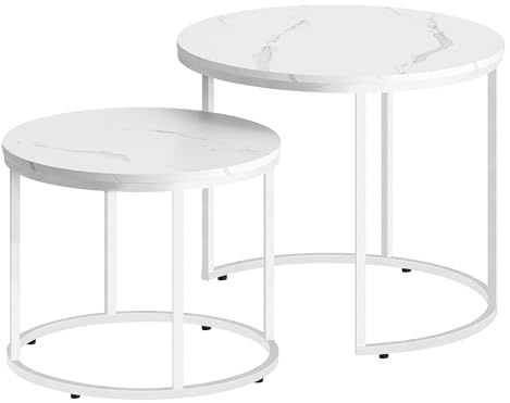 Couchtisch rund 2er Set für Wohnzimmer – Beistelltische im Loft-Design, ineinander schiebbar, Sofatische aus Holzwerkstoff und Stahl, modern, platzsparend (Marmor - Weiß)
