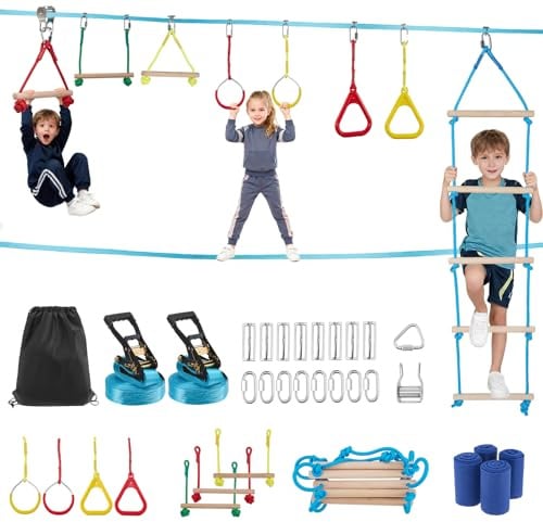 Ninja Slackline Set für Kinder, 15m Outdoor Hindernisparcours mit Klettergerüst, Ringen, Seilrutsche & Baumschutz, 3–10 Jahre, 50kg Belastbarkeit