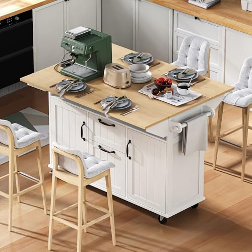 MAMAINI Isla de cocina con ruedas, mesa de comedor extensible, isla de cocina móvil con cajones y toallero, carrito de cocina móvil, ideal para cocina y comedor (blanco), blanco+natural