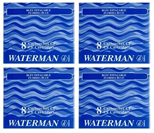 Waterman - 4 Etuis (2x 2er Pack a 8 Patronen) Tintenpatronen blau, Tinte löschbar (2, blau löschbar)