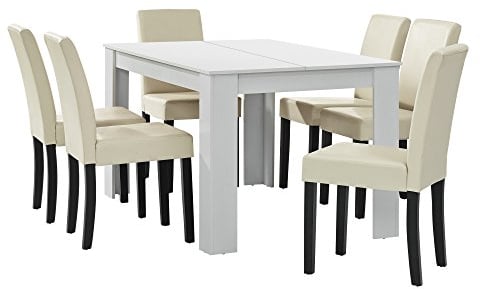 [en.casa] Esstisch weiß matt mit 6 Stühlen Creme Kunstleder gepolstert 140x90 Essgruppe Esszimmer