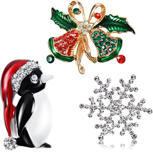 3 Pièces Noël Strass Cristal Broche, Broche Élégante de Mode pour Fête Célébration(Pingouin, Flocon et Cloche)