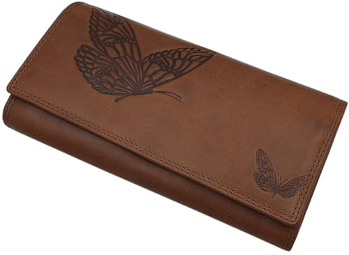 myledershop Große Rindleder Damen Geldbörse mit RFID & NFC Schutz (Cognac) | Schmetterling-Motiv, Geldbeutel, Portemonnaie, Geldtasche