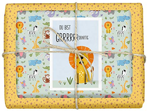 dabelino® Geschenkpapier Safari/Zoo-Tiere/Dschungel für Kinder/Babys zur Geburt, Set: 4x Bögen + 1x Karte (Recycling-Papier, Geburtstag, Mädchen, Junge, Löwe, nachhaltig)