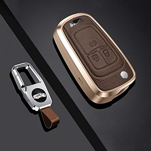 HIBEYO Smart Autoschlüssel Hülle passt für opel Schutzhülle Schlüsselhülle Cover für Insignia Astra Meriva Zafira Movano Mokka Adam Schlüsselanhänger Schlüsselbund Leder Aluminiumlegierung-A Braun
