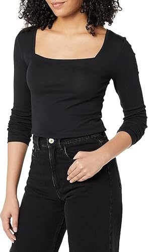 Amazon Essentials Women's Slim-Fit Long-Sleeved Square Neck T-Shirt, Black, XL