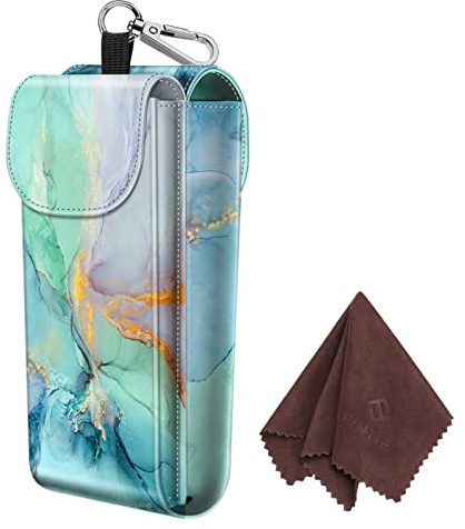 Fintie Double Glasses Case with Carabiner Hook, Portable Vegan Leather Dual Eyeglasses Bag Anti-scratch Sunglasses Pouch, Spectacle Cases for Women Men, Emerald Marble