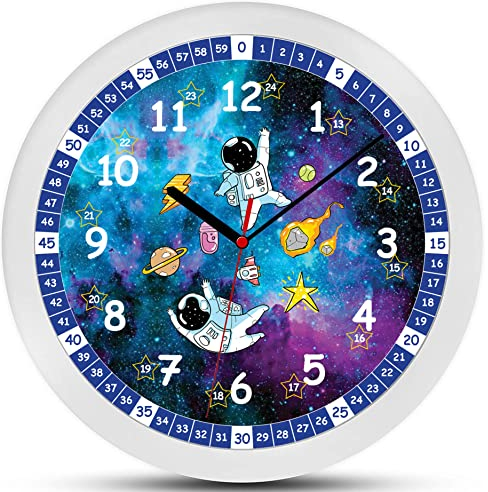 K&L Wall Art lautlose Astronauten Wanduhr leise Kinder Lernuhr 30cm für Junge Mädchen lustige Kinderuhr 30cm