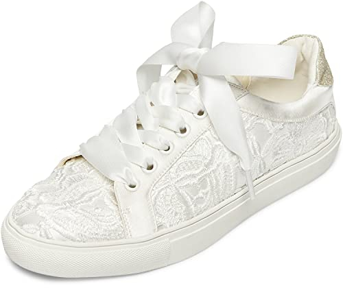 JIAJIA 8833 Mariage des Chaussures De mariée Baskets Appartements Mariée Tennis des Chaussures Dentelle Baskets Couleur Ivoire, Taille 37 EU