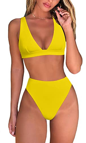 fatty tiger Maillot de bain 2 pièces sexy taille haute avec string et haut triangle brésilien et col en V profond pour femme, jaune, Taille M