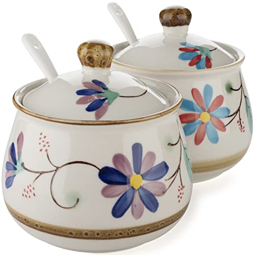 Lot de 2 sucriers en porcelaine avec couvercle et cuillère - Pour sucre morceaux, sucre poudre, sel, épices, poivre, condiments (Style 2)