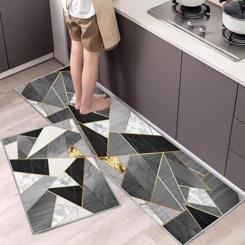 Hoimlm Lot de 2 Tapis de Cuisine antidérapants, Absorbe l'eau et l'huile, Résistant à la poussière Tapis de Cuisine,Tapis de Sol pour l'intérieur (Gris géométrique, 43 x 75 + 43 x 150 cm)