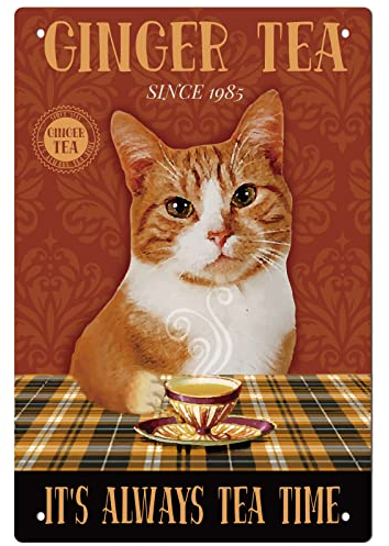 GLOBLELAND Vintage Ginger Tea Cat Metal Iron Sign Plaque Poster Retro Metal Wall Decorative Tin Signs 11.8×7.9inch for Home Bar Coffee Shop Restaurant Kitchen Club Decoration