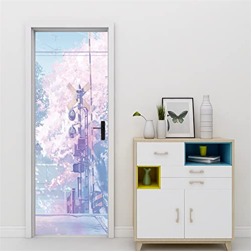 Tür tapeten 3d selbstklebend Japanischer Stil & Kirschblüten Türtapete Wandbild Selbstklebend PVC Wasserdicht Abnehmbar Türfolie TürPoster Fototapete Wohnzimmer Schlafzimmer küche B90 x H200cm