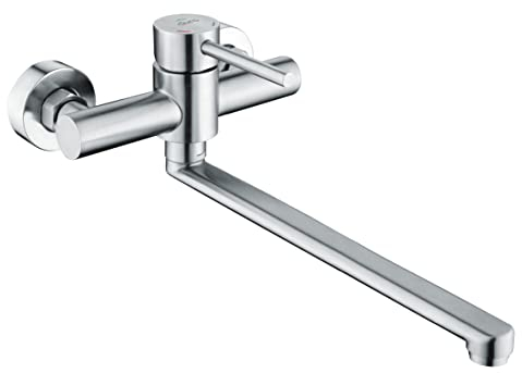 DURO Küchenarmatur Acero, aus Gebürstetem Edelstahl ohne Stopfen, Wassersparend, Einhebel-Zweiloch-Wandbatterie mit Beweglichem Auslauf 25 cm, Durchflussklasse A, Geräuschklasse II