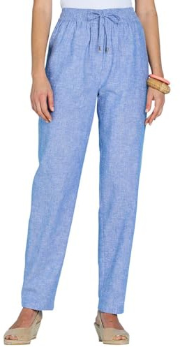 Amber Ladies Linen Trousers, Pull-On Elasticated Waist with Pockets, Lightweight Casual Summer Pants for Women Blue 20 Short