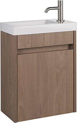 Saqu Florence Waschbecken mit Unterschrank Vormontiert - in Braun mit Mineralmarmorwaschbecken und Edelstahlhahn - Kleines Gäste WC Bad Möbel mit Waschtisch