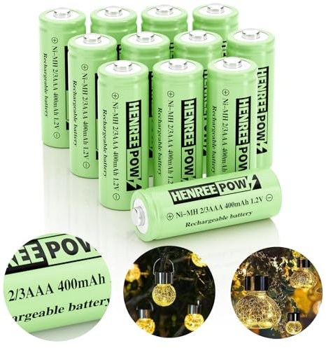 Henreepow Ni-MH 2/3AAA 1.2v 400mAh Rechargeable Batteries,Low Self-Discharge, Long Range with Button Top for Solar Lights,Length 2/3 The Size of AAA Batteries(12 Pack)(Not AAA Size Batteries)