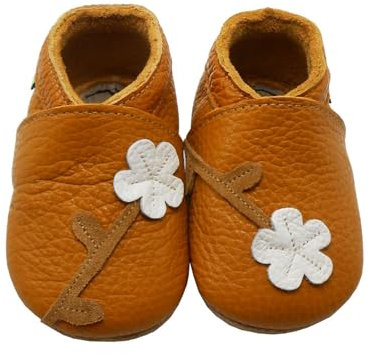 SAYOYO Weicher Leder Lauflernschuhe Krabbelschuhe Babyhausschuhe Kleinkind Lederschuhe Jungen und Mädchen,23/24 (18-24) XL Monate,Braun Blume