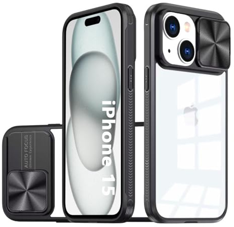 LIUKM Coque Compatible avec iPhone 15, Cache Camera Protection, Étui avec Cache Caméra Coulissante, composé d'un Dos en PC et d'un Cadre en TPU - Noir