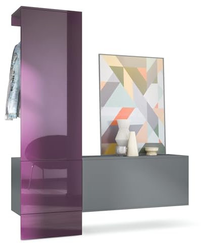 Vladon Garderobe Carlton Set 4, Made in Germany, Wandgarderobe aus Deko-Paneel & Hängeschrank für Schuhe, Anthrazit matt/Brombeer Hochglanz (156,5 x 193 x 35 cm)