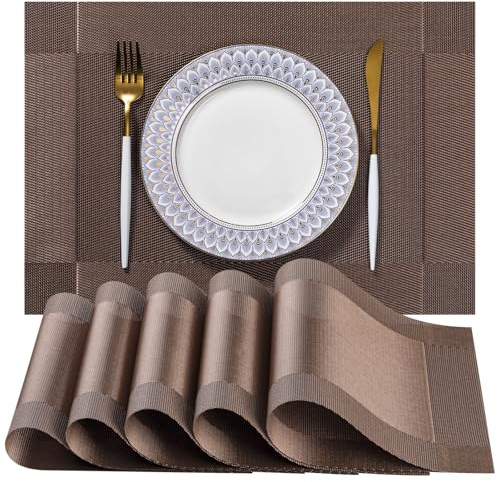 LEXMORE Tischsets Set mit 6 Vinyl/Kunststoff gewebte Tischsets für Küchentisch Indoor/Outdoor waschbar Platzset abwischbar Esstischmatten (Brauner Würfel)