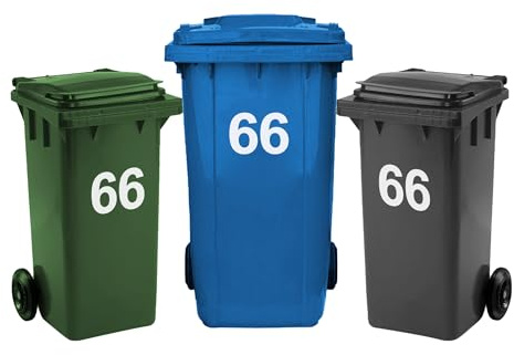 Rubigo 3 x Bin Numbers for Wheelie Bins, 0-99, Letters A-D, 17.5cm Dustbin Stickers, Easy Application Stick On Number Stickers - Weatherproof Self Adhesive Vinyl (66)