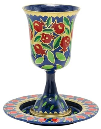 Yair Emanuel Buntes Kiddush-Tassen-Set für Shabbat und Yom Tov | handbemaltes Design | Metall-Weinkelch Judaica Geschenk (Granatäpfel CAJ-3)