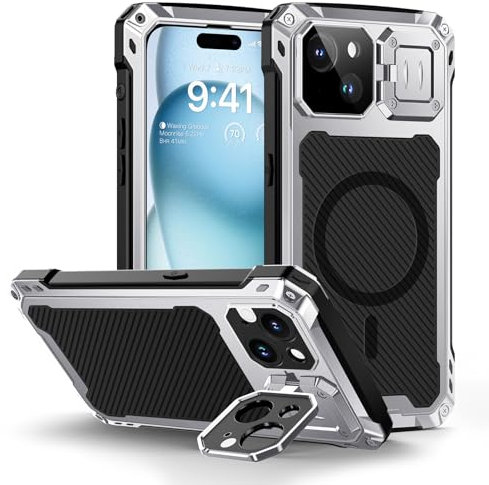 Lanhiem iPhone 15 Heavy Duty Shockproof Case with Tempered Glass Screen Protector and Camera Kickstand (Silver)