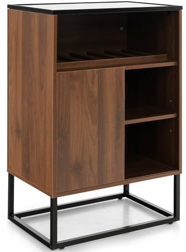 GiantexUK Wine Bar Cabinet, Wooden Buffet Sideboard with Adjustable Shelves, Tempered Glass Top, Wine Rack, Sliding Door & Anti-Tipping Device, Industrial Kitchen Cupboard for Home Bar Dining Room