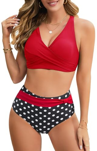 UMIPUBO Swimsuits for Women High Waisted Bikini Sets Padded Two Piece Tummy Control Swimwear Bikini Top with V Cross Ladies Swimming Costume Plus Size Bathing Suits Beachwear (Red, XL)