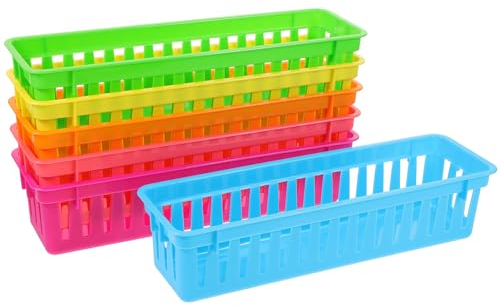 Operitacx 6pcs Plastic Storage Basket for Shelves, Small Pencil Pots for Classroom, Narrow Stationery Organiser Trays, Stackable Pen Dispenser Box for Cupboard Shelf Bathroom Kitchen
