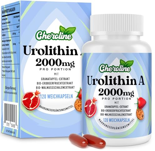 Suplemento de Urolitina A 2000mg - 120 Cápsulas Blandas - Suministro de 60 Días - Enriquecido con Extractos de Granada, Fresa y Nuez - para las Mitochondrien (120 unidades, paquete de 1)