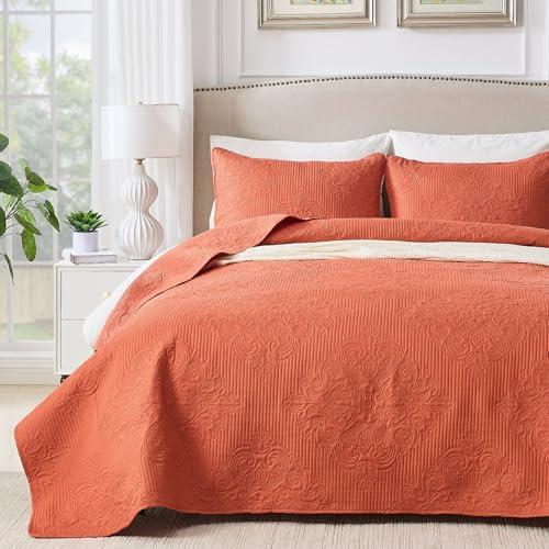 Qucover Couvre Lit Estampé Orange 2 Personnes en 100% Microfibre 240x260cm avec 2 Taies d'oreiller 50x75cm, Couverture Ete Super Léger en Elégant Motif Floral