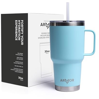 Product Armor 30oz / 900ml Premium 18/8 Stainless Steel Tumbler with Leak Proof lid and Straw - Iced Coffee, Hot Drinks, Travel Mug (Aqua Blue)