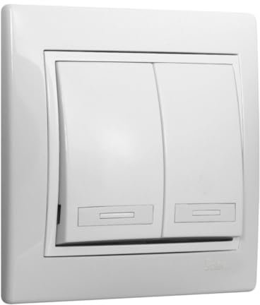 Interruptor doble conmutador blanco, diseño europeo, ideal para controlar diferentes circuitos eléctricos en hogares y oficinas.
