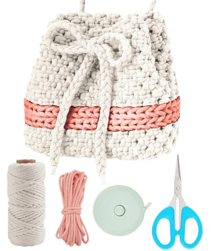 WEBEEDY DIY Makramee Eimer Taschen Set Boho Makramee Taschen Bastelset Für Erwachsene Anfänger Mit Videoanleitung DIY verstellbare Eimertasche Für Urlaubsstranddekoration (Beige & Pink)