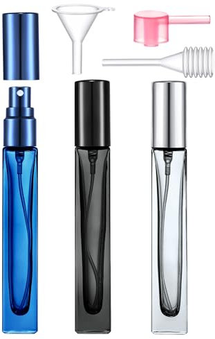 Yikimyfo Glass Cologne Travel Bottle, 3 Pcs 10ml/0.34oz Refillable Empty Atomizer Spray Bottles Fine Mist Perfume Atomizer Leakproof Travel Size Perfume Refill Bottle with Tool