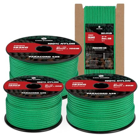 Kamu Synber Paracord 3mm x 15m Paracord 425 100% Nylon Seil Typ II Schnüre mit 3 Kern für Basteln, Outdoor, Camping, Survival | Tragkraft 192kg | Jadegrün