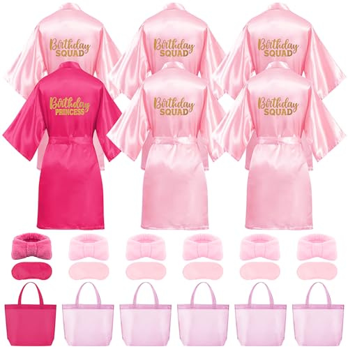 TESIN Lot de 24 fournitures de fête spa pour filles, 6 peignoirs, 6 masques pour les yeux, 6 sacs fourre-tout, 6 bandeaux – Rose rouge anniversaire, Rose, rouge rose, 140
