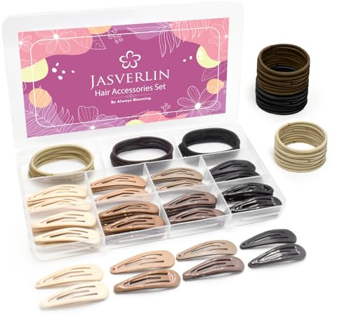 JASVERLIN Haarspangen mit Druckknopf, Elastische Haargummis, Set 140 Stück | 80 Metall Haarclips und 60 Elastischen Haarbänder, Rutschfeste Styling Haarschmuck für Frauen Dickes Feines Pony, Brauntönen
