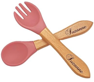 Ensemble couverts - cuillère et fourchette pour enfant - bois et silicone - personnsalisé (plusieurs coloris disponibles) (Rose)