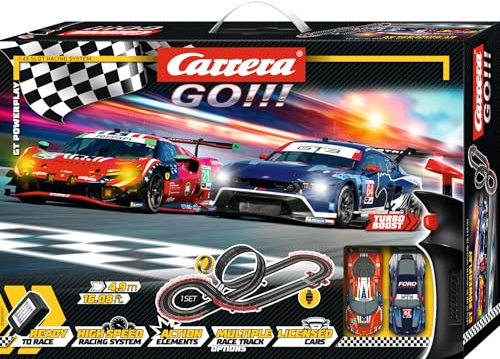 Carrera GO!!! 20062597UK GT Powerplay1:43 Scale I 4.9 Metres, With Ford Mustang GT3 Ford Multimatic Motorsports 64 & Ferrari 296 GT3 AF Corse No.21 (IMSA), Suitable from 6 Years+, UK Plug Version