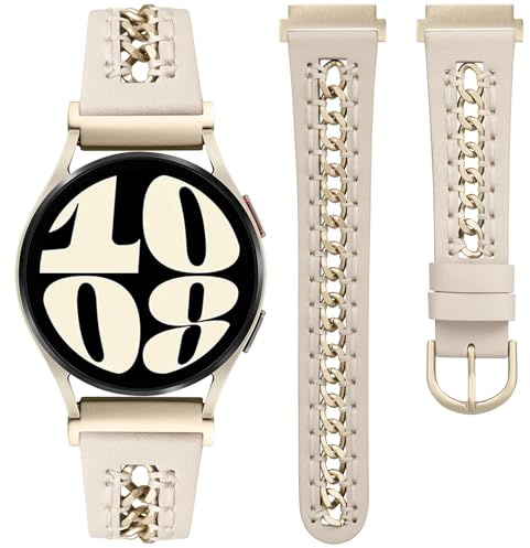 TOYOUTHS Lederarmband kompatibel mit Samsung Galaxy Watch 7/6/5/4/FE/Active 2 40mm 44mm/Watch 6 Classic 43/47mm/Watch 5 Pro 45mm Armband, 20mm Dressy Leder Armbänder mit Edelstahl Metallkette Damen