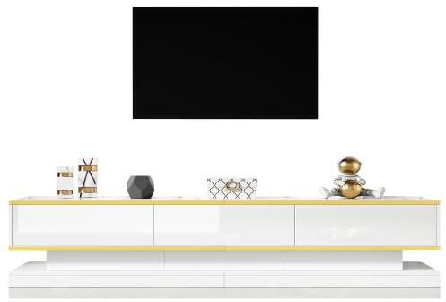 HAINEW TV Schrank TV Lowboard mit 3 Schubladen und Goldene Zierleisten, Hochglanz TV Tisch Fernsehtisch Fernsehschrank für Wohnzimmer Schlafzimmer, Weiß, 200×40×40cm