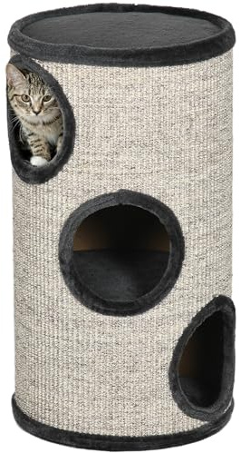 PawHut Tonneau à gratter pour Chat, Tour à griffer en sisal, Arbre à Chat à 3 Niveaux recouvert de Peluche, Ø 38 x 70 cm, Gris Clair