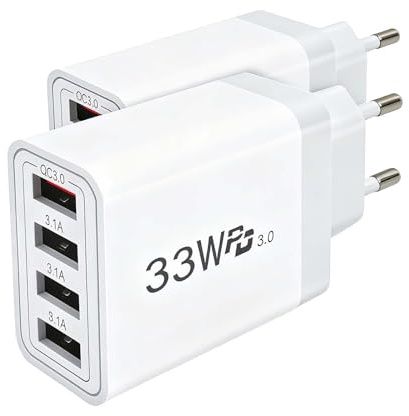 2-Pack Prise USB à 4 Ports 33W Chargeur Rapide,Adaptateur Charge avec Chargeur Rapide Smart QC 3.0 de Chargeur Multi-Ports Compatible avec Phone 11/12/13/14/15/16/Pad/Galaxy S21/S22/23/S24